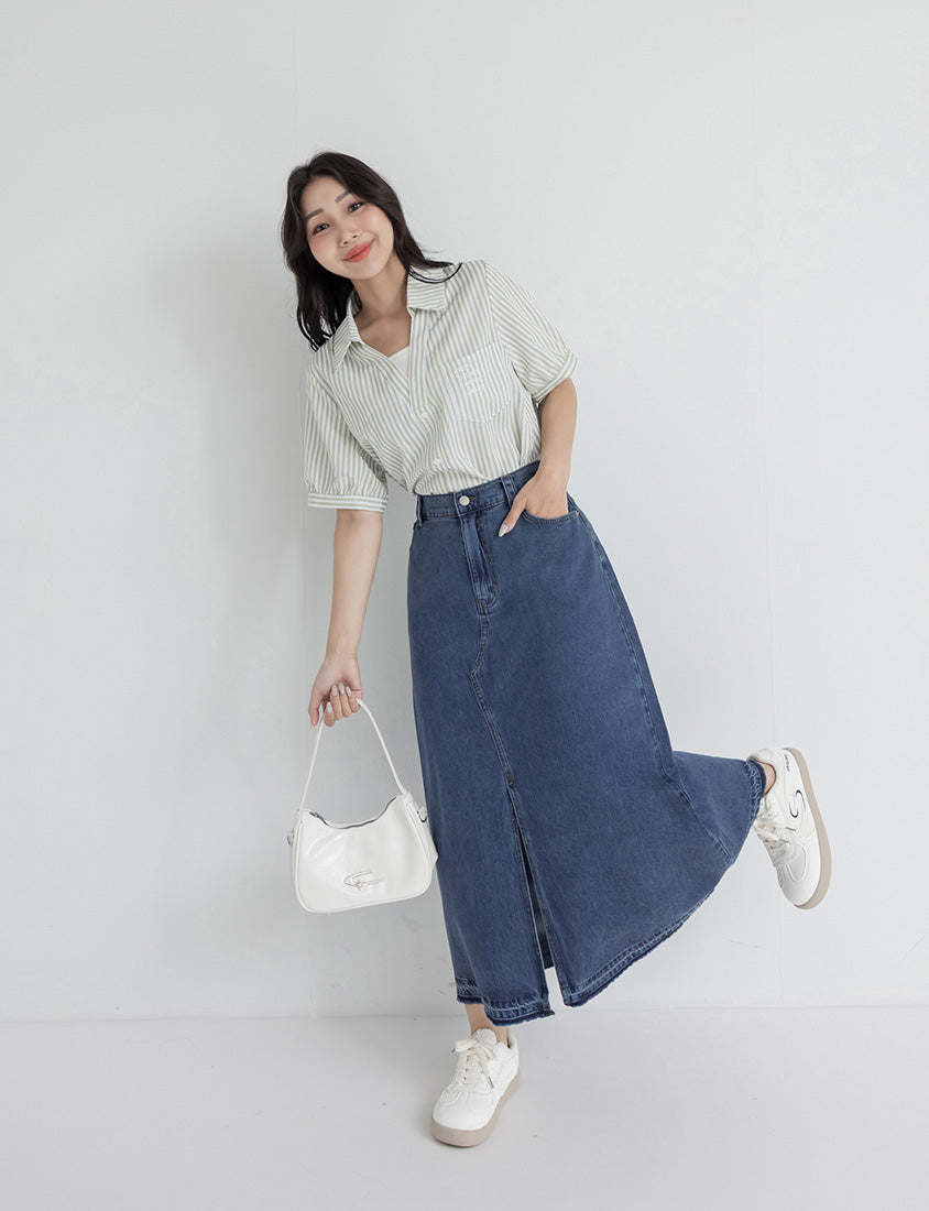 Cooling Tencel Denim Slit Plus Size Maxi Skirt
