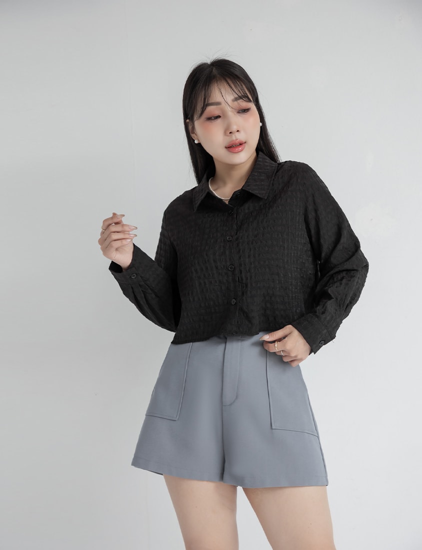 MISS. Sheer Plaid Cropped Plus Size Long Sleeve Shirt