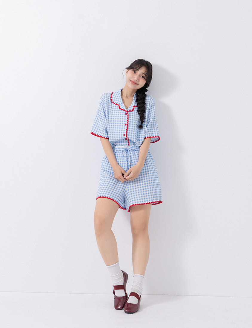Skin-Friendly Gingham Contrast Frill Casual Plus Size Shirt