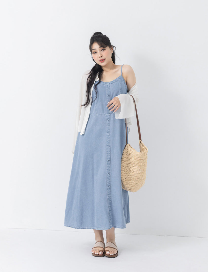 Tencel Silky Denim Faux Button Strap Plus Size Maxi Dress