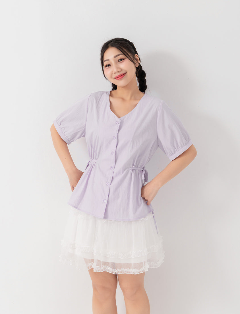 V-Neck Button Front Tie Waist Plus Size Top