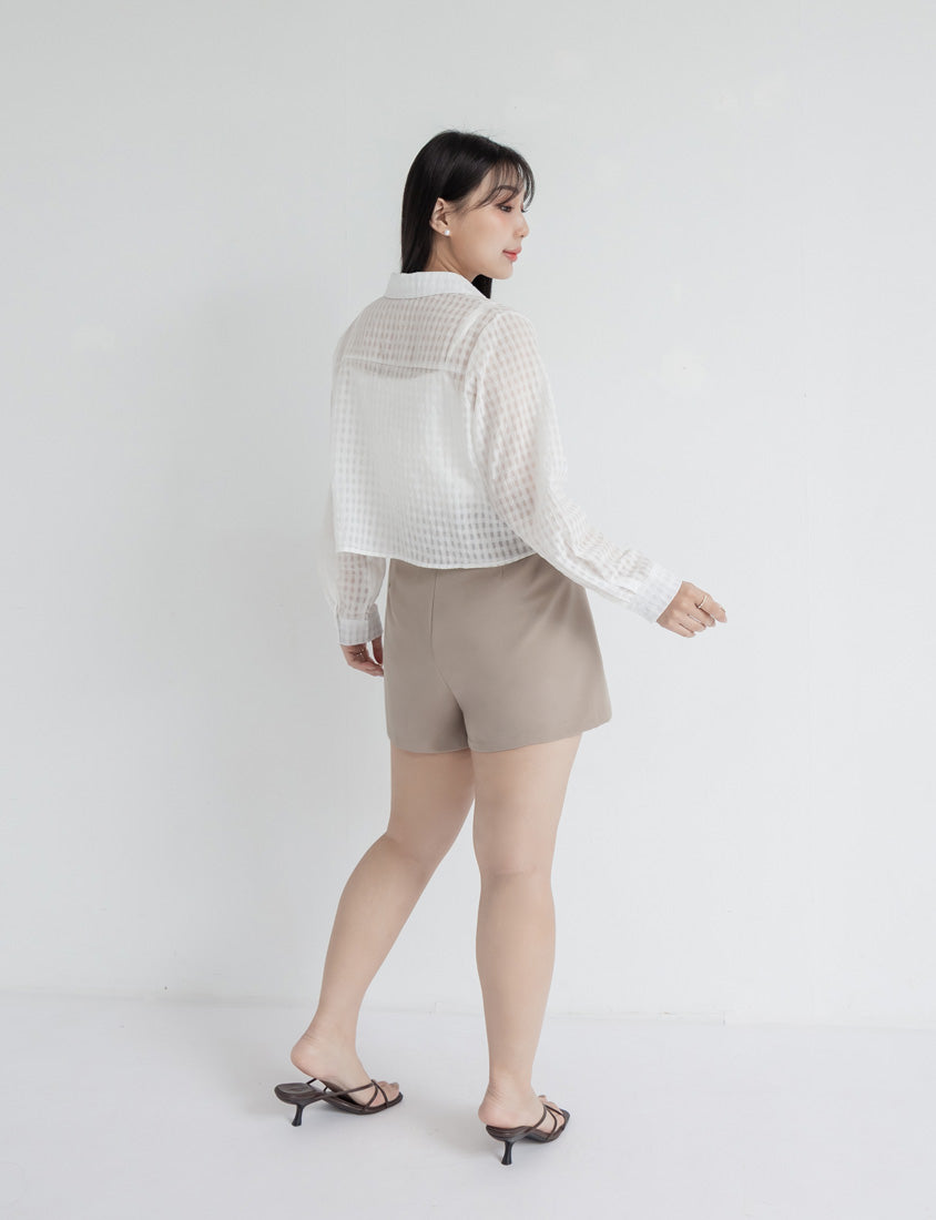 MISS. Sheer Plaid Cropped Plus Size Long Sleeve Shirt