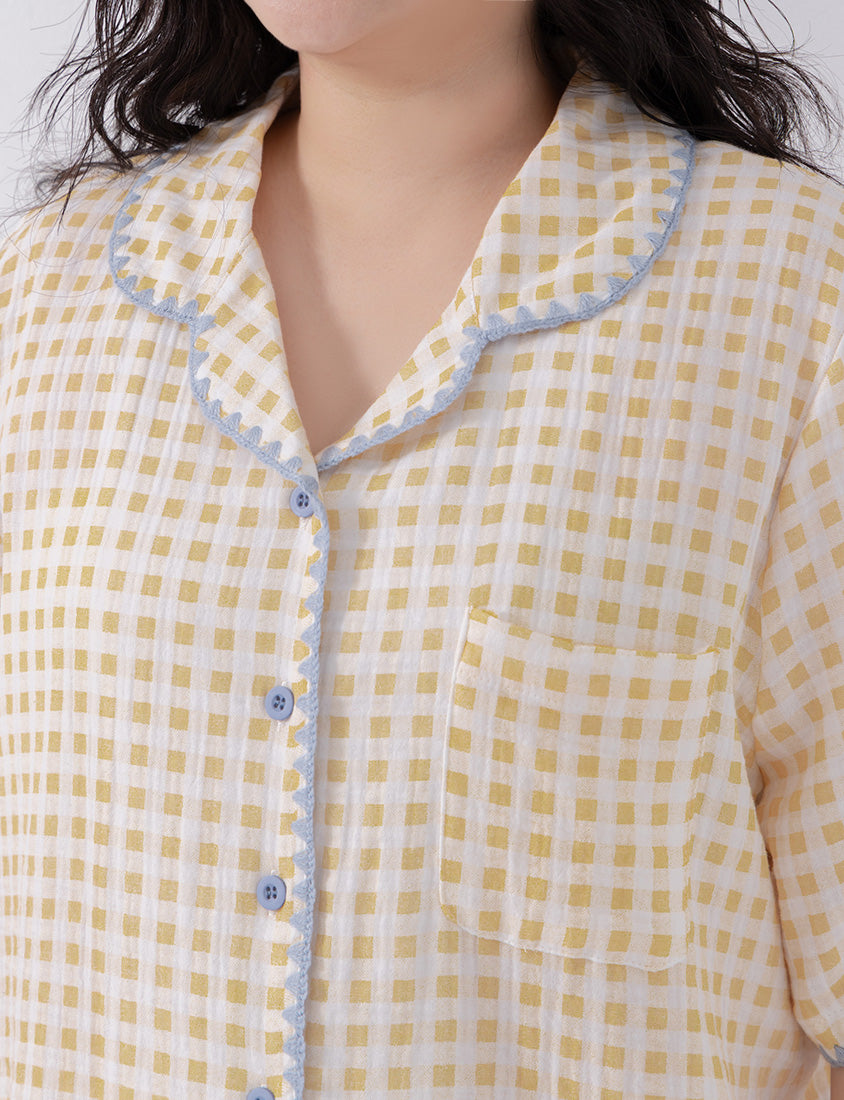 Skin-Friendly Gingham Contrast Frill Casual Plus Size Shirt