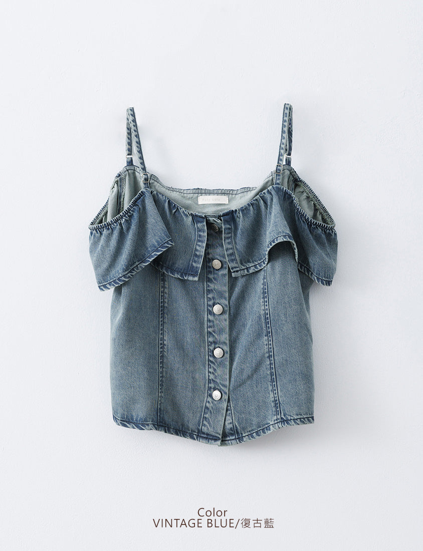 Tencel Silky Denim Ruffle Plus Size Off-Shoulder Top