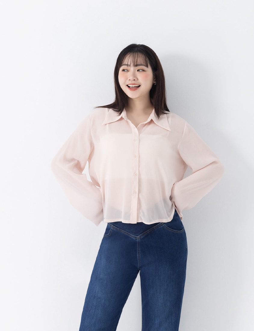 Sheer Crinkle Bell Sleeve Cropped Plus Size Shirt