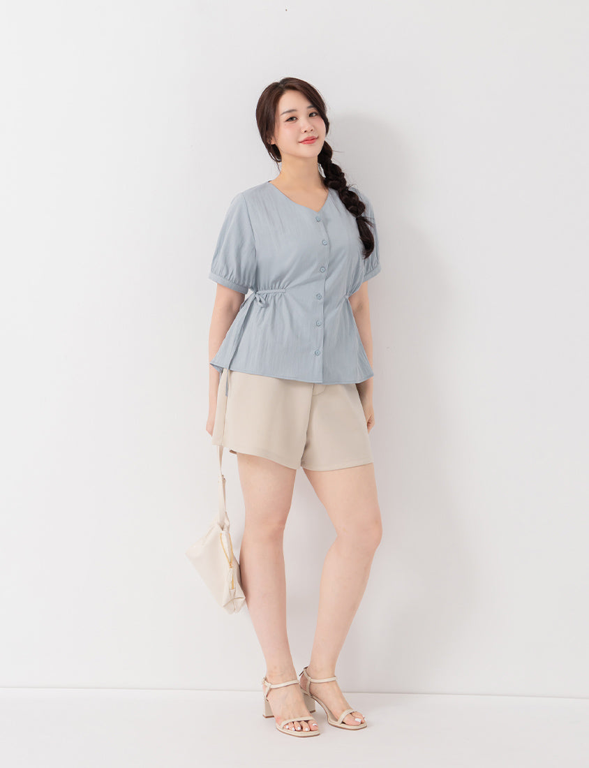 V-Neck Button Front Tie Waist Plus Size Top
