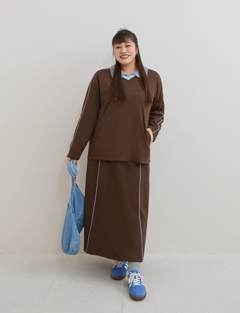 American Sporty Colorblock Piped Plus Size Maxi Skirt