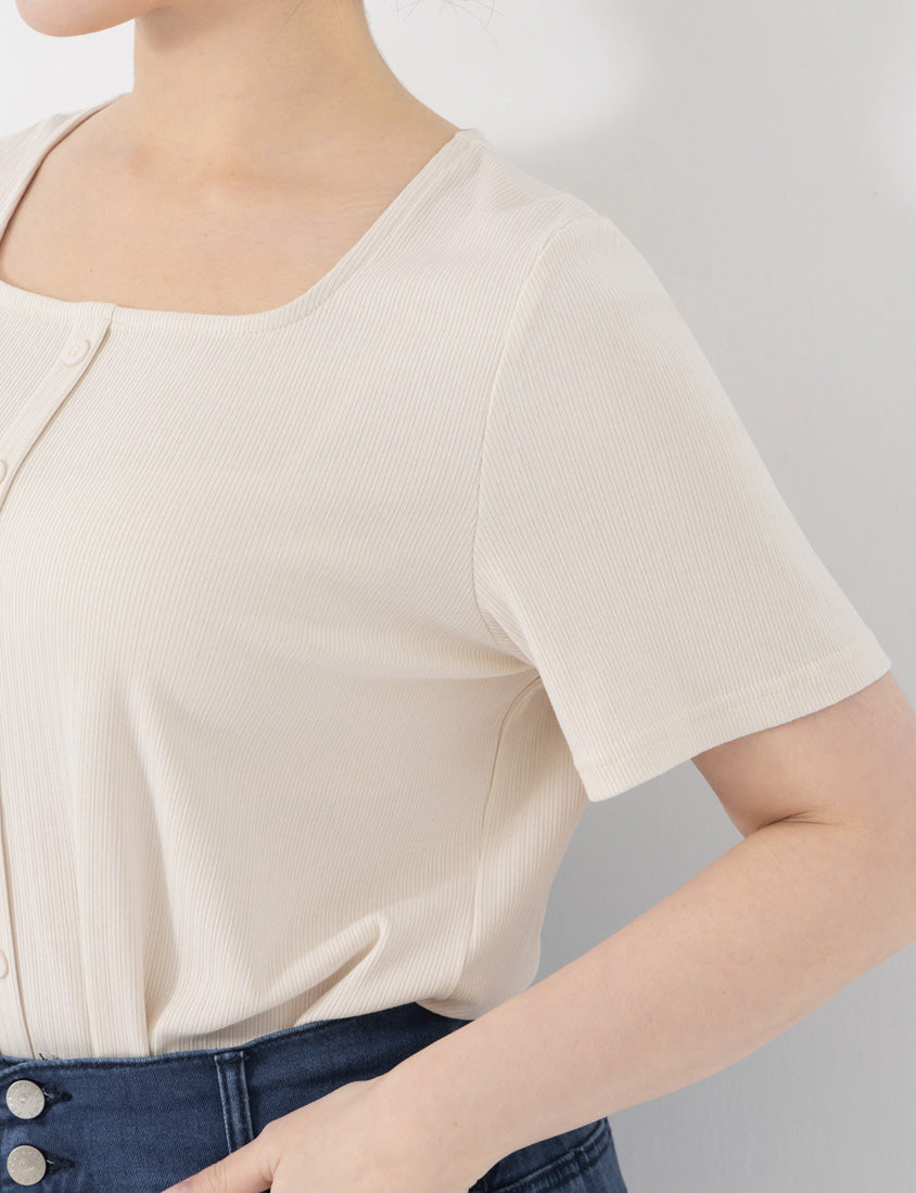 Tencel Ribbed Faux Button Square Neck Plus Size Top