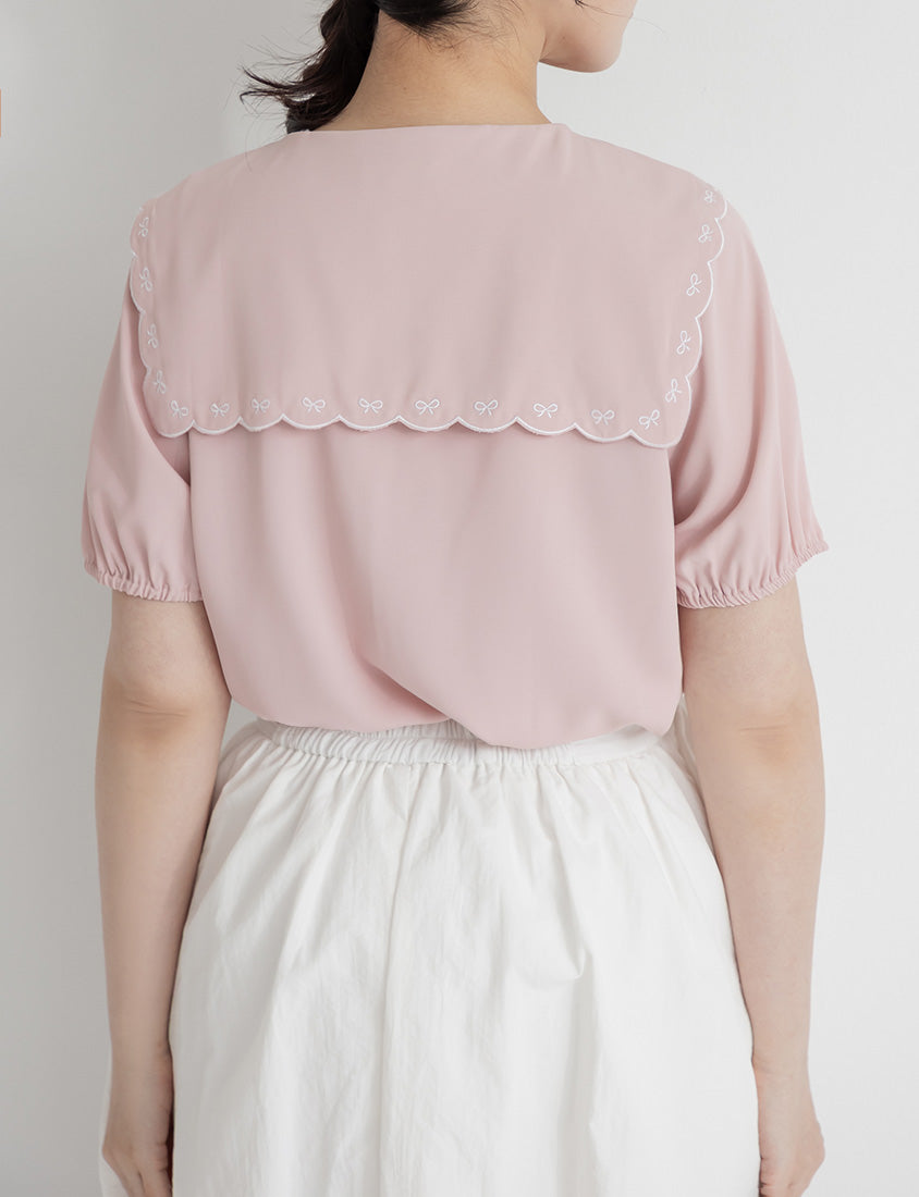 Cute Bow Embroidered Collared Plus Size Top