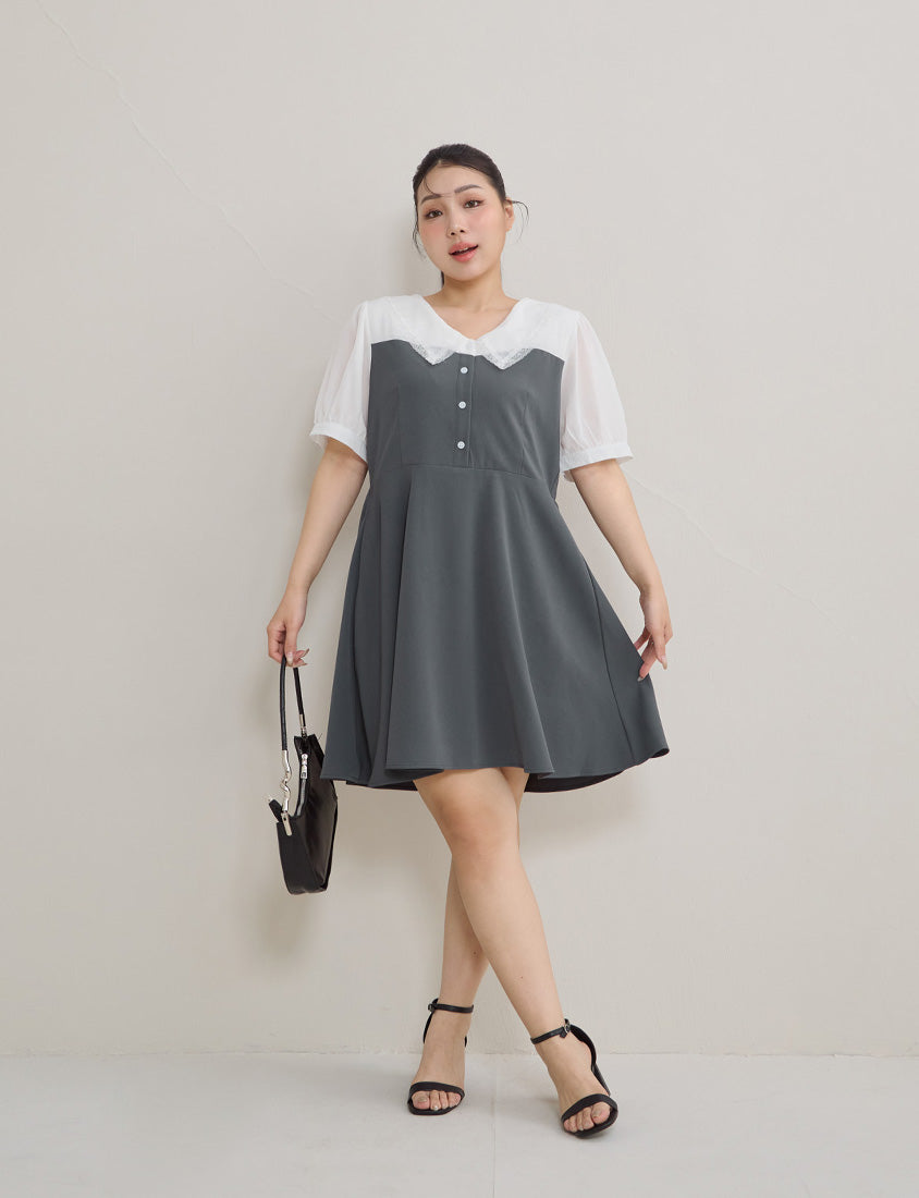 Faux Two Piece Lace Collar Plus Size Mini Dress