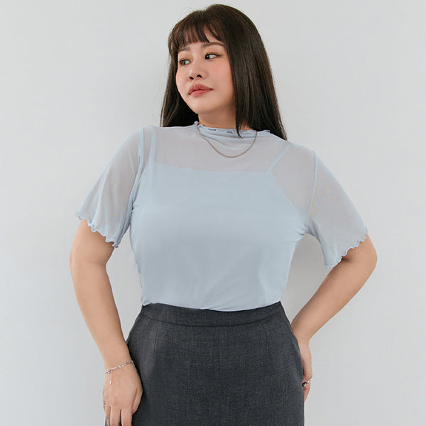 MISS. Ruffle Trim Sheer Plus Size Short Sleeve Top