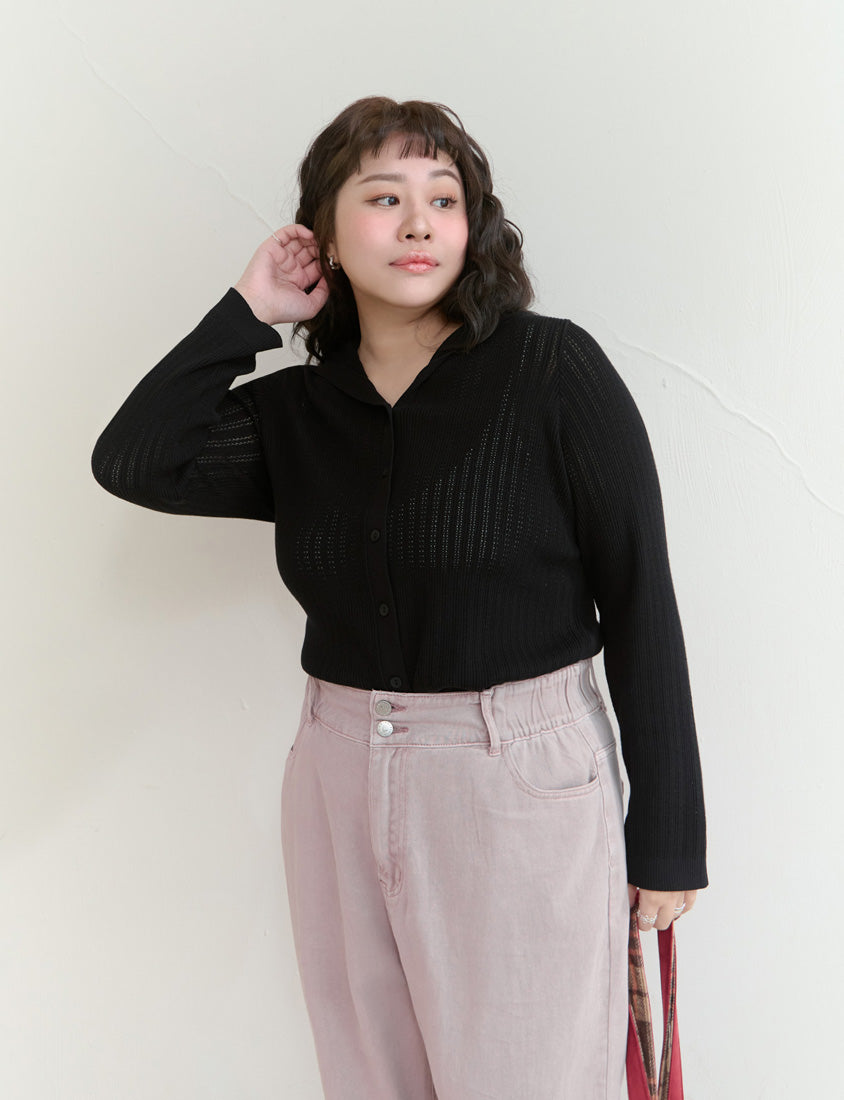 Openwork Knit Hooded Button-Up Plus Size Long Sleeve Cardigan