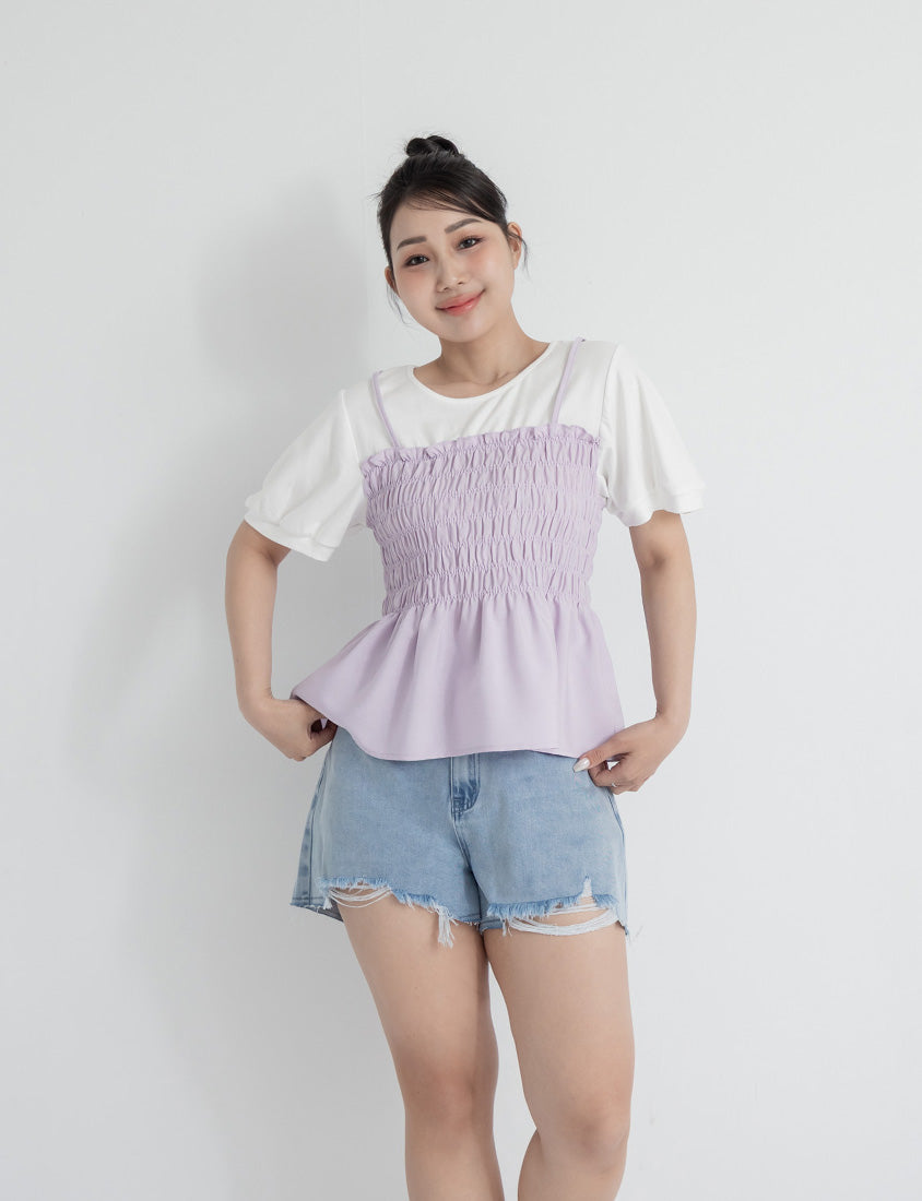Sweet Crinkle Faux Two-Piece Short Sleeve Plus Size Top