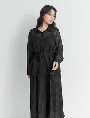 Sheer Shirt With Strap Dress Plus Size Set (With Waist Tie)