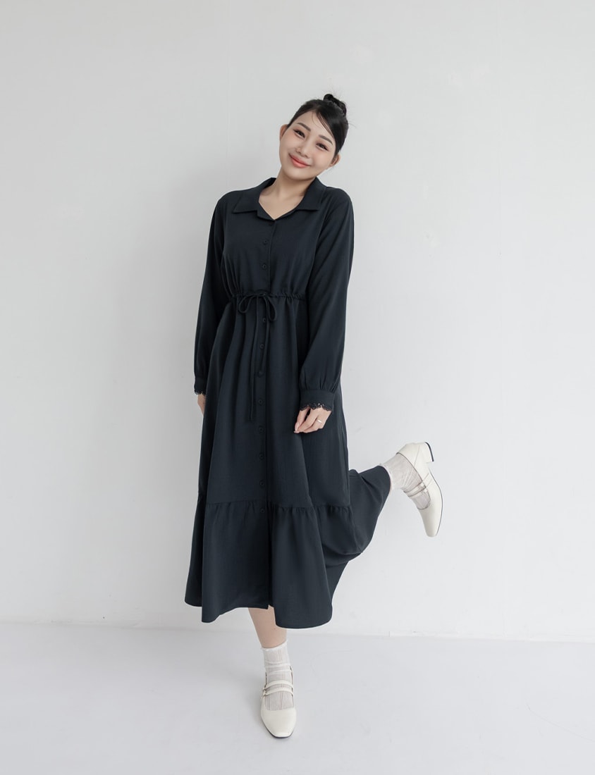 Cuban Collar Drawstring Waist Tiered Plus Size Dress