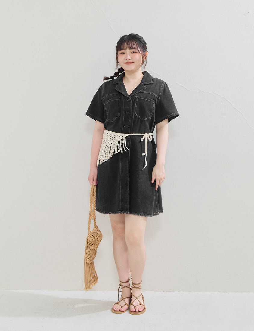 Frayed Hem Pocket Denim Plus Size Mini Dress