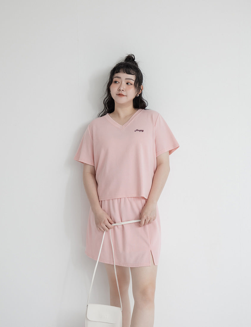 Soft Stretch Cotton Side Slit Drawstring Plus Size Mini Skirt