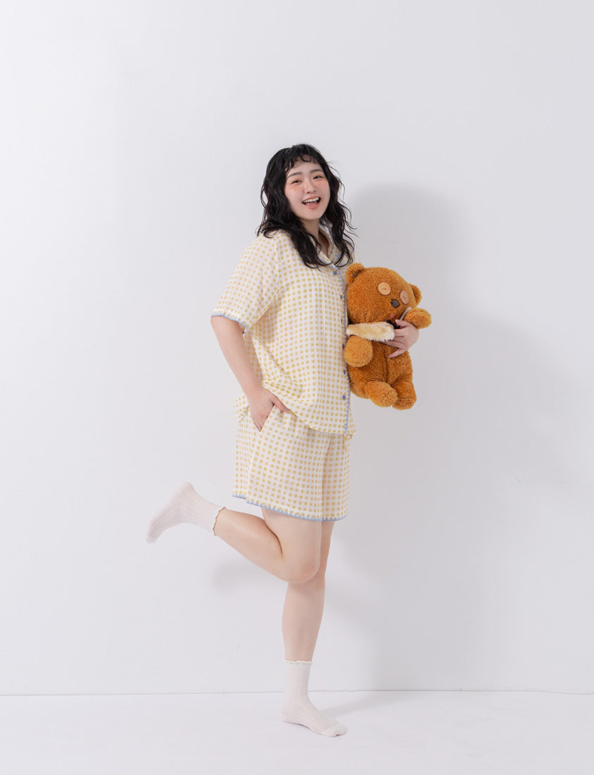 Skin-Friendly Gingham Contrast Frill Casual Plus Size Shirt