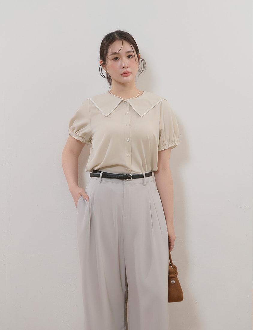 MISS. Contrast Doll Collar Heart Button Plus Size Shirt