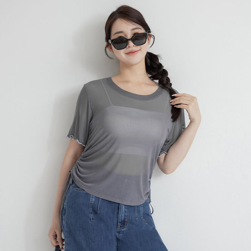 Side Drawstring Sheer Ruffle Sleeve Plus Size Top