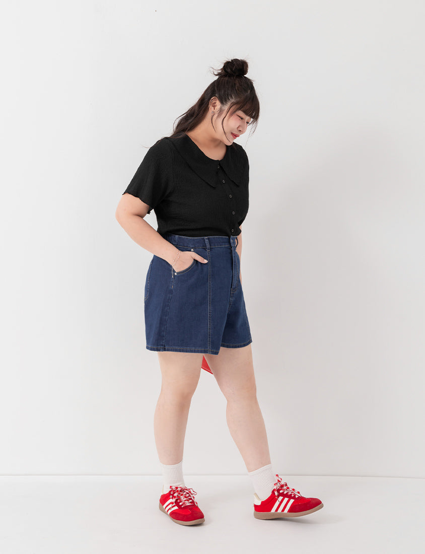 Collared Crinkle Faux Button Short Sleeve Top