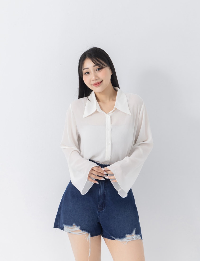 Sheer Crinkle Bell Sleeve Cropped Plus Size Shirt