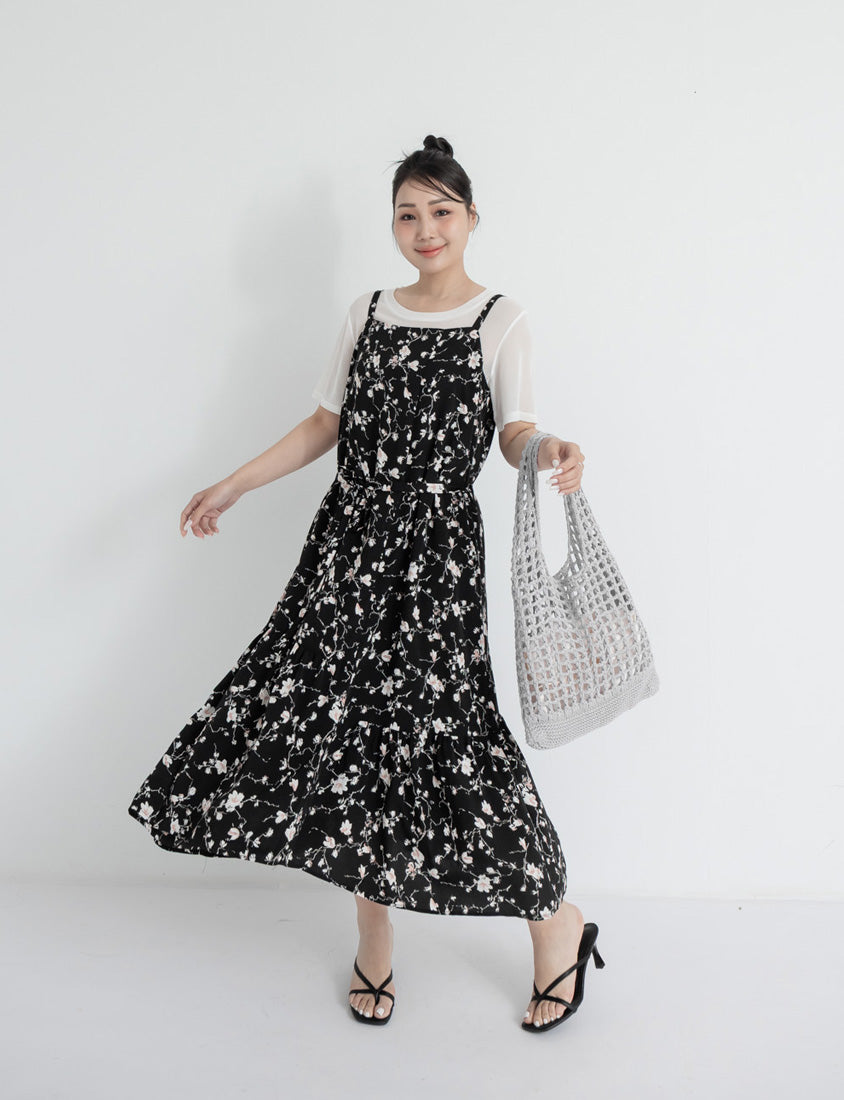 Elegant Floral Cami Strap Plus Size Maxi Dress (With Belt)