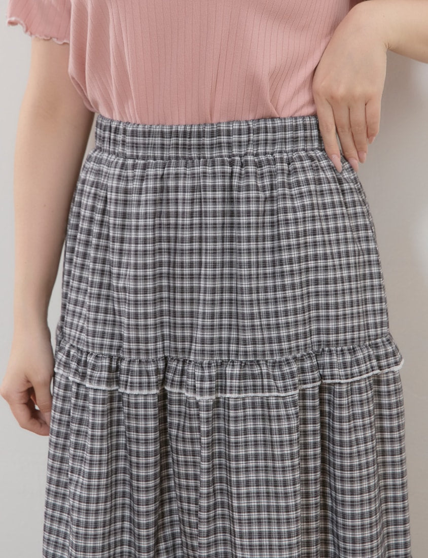Japanese Style Sweet Tiered Plaid Plus Size Maxi Skirt
