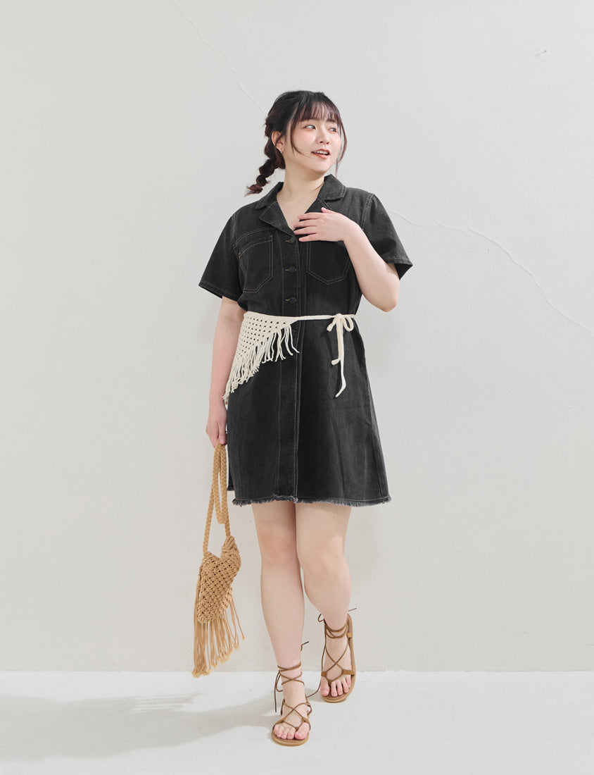 Frayed Hem Pocket Denim Plus Size Mini Dress