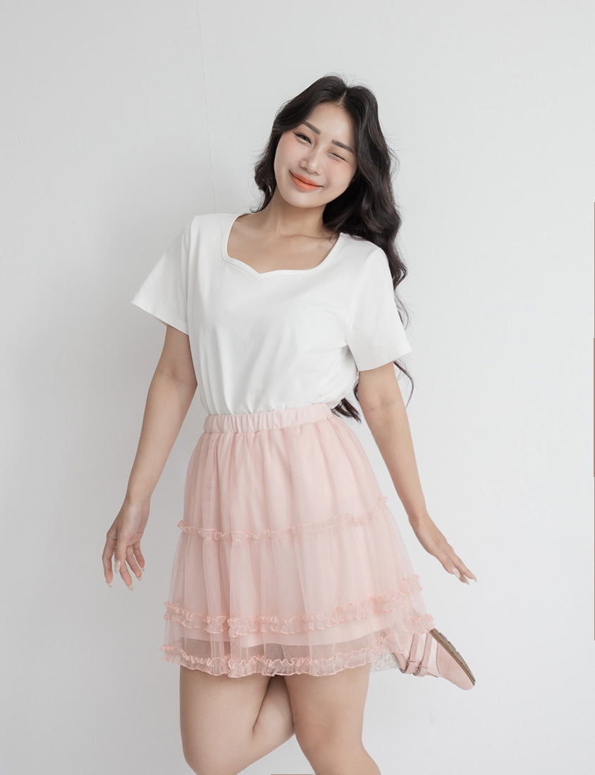 Romantic Ruffle Trim Mesh Tiered Plus Size Mini Skirt