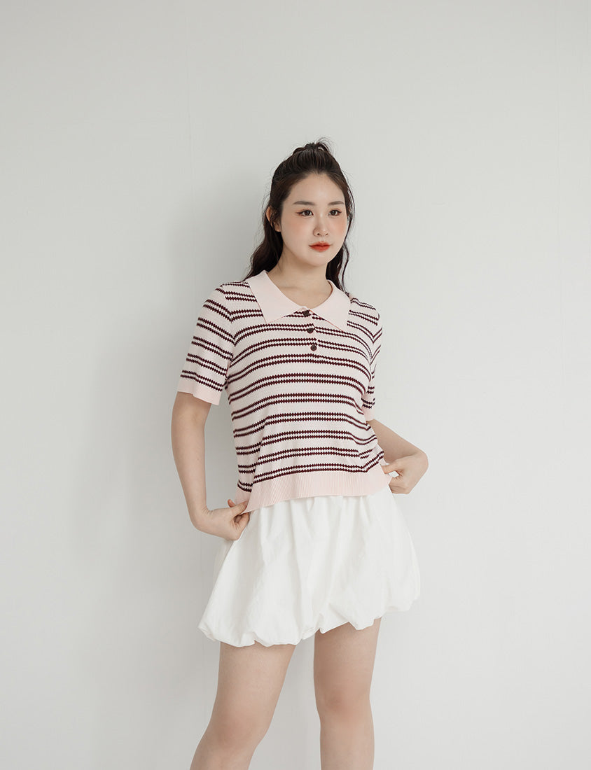 Collared Striped Knit Short Sleeve Plus Size Top