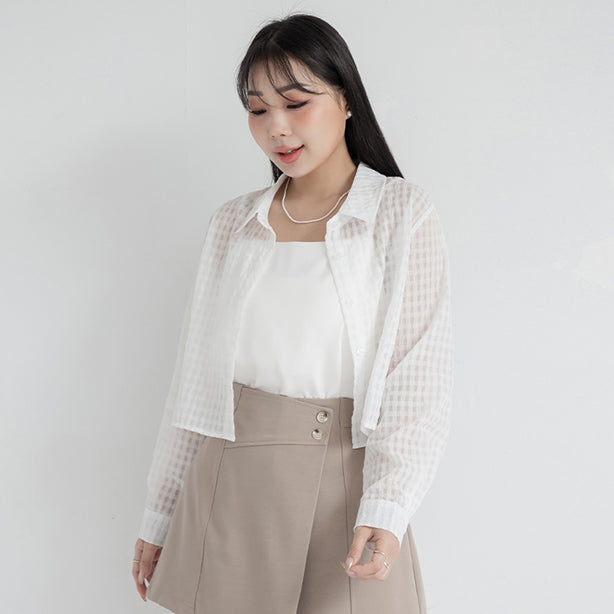 MISS. Sheer Plaid Cropped Plus Size Long Sleeve Shirt