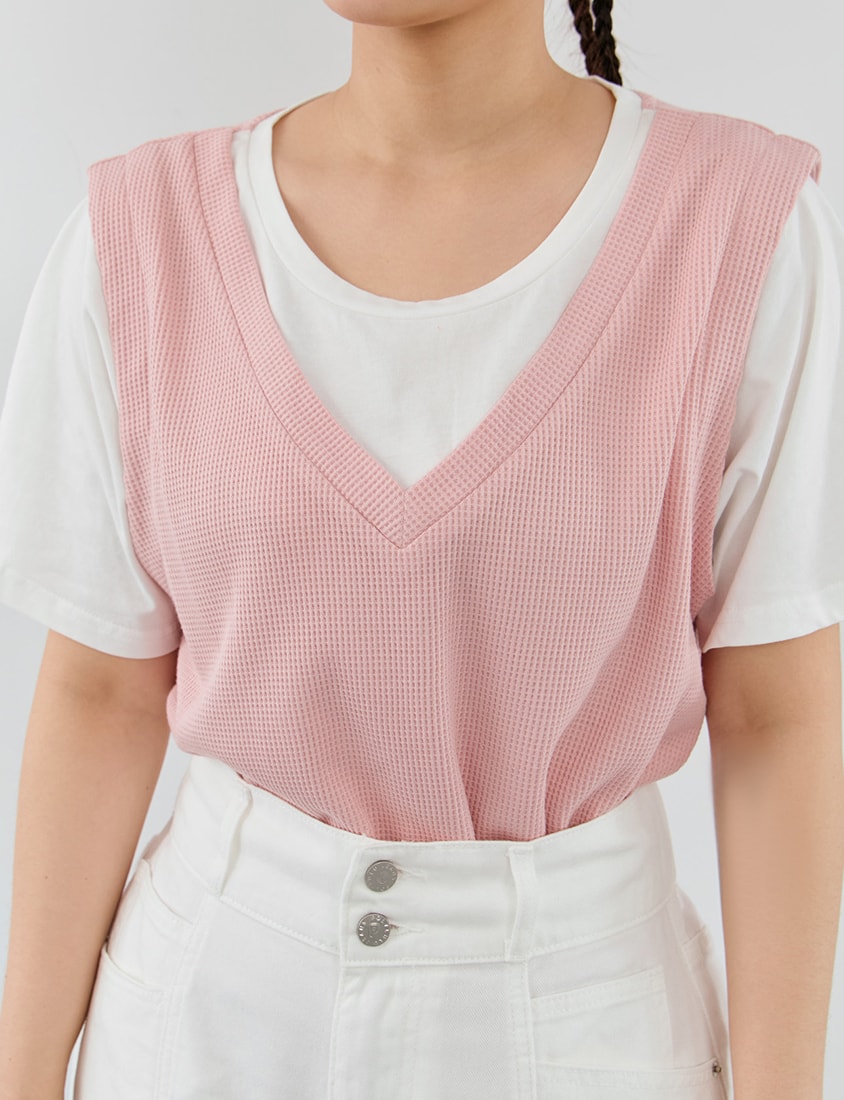 Contrast Waffle Faux Two Piece Plus Size Tee