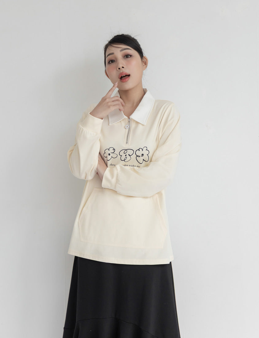 Contrast Collar Floral Print Plus Size Long Sleeve Top