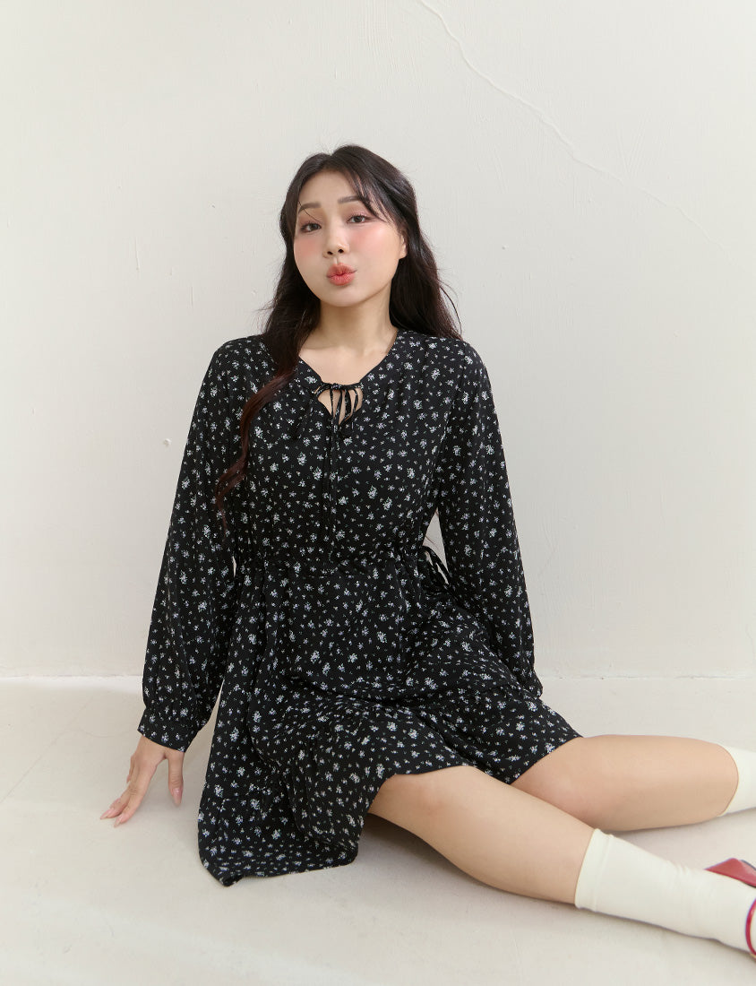 Early Spring Floral Tie-Front Long Sleeve Plus Size Mini Dress