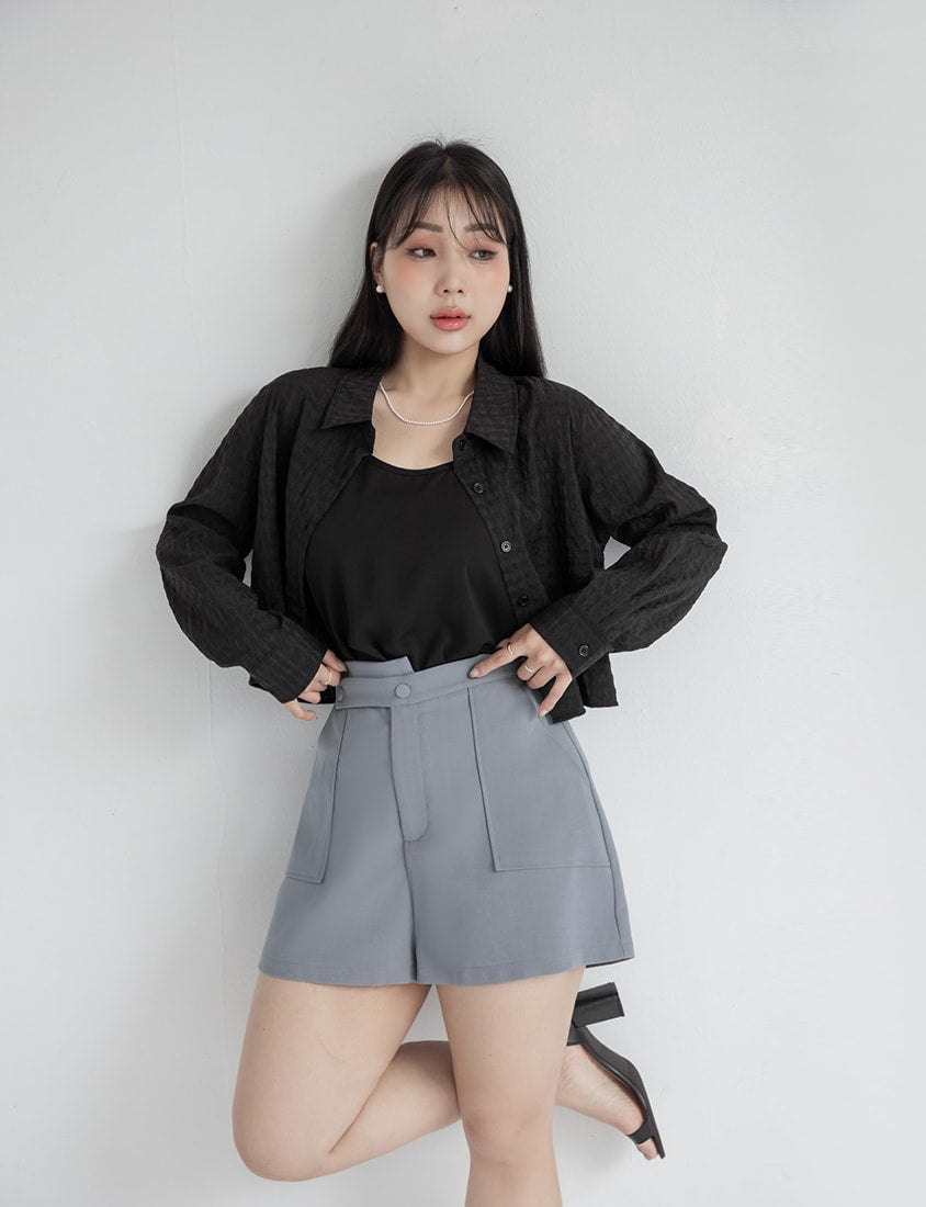 MISS. Sheer Plaid Cropped Plus Size Long Sleeve Shirt