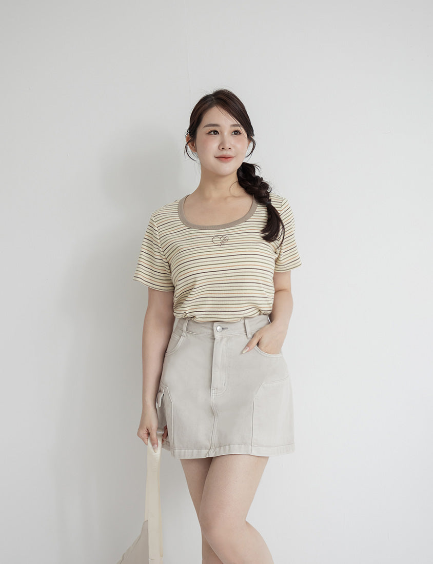 Heart Embroidered Contrast Stripe Plus Size Tee