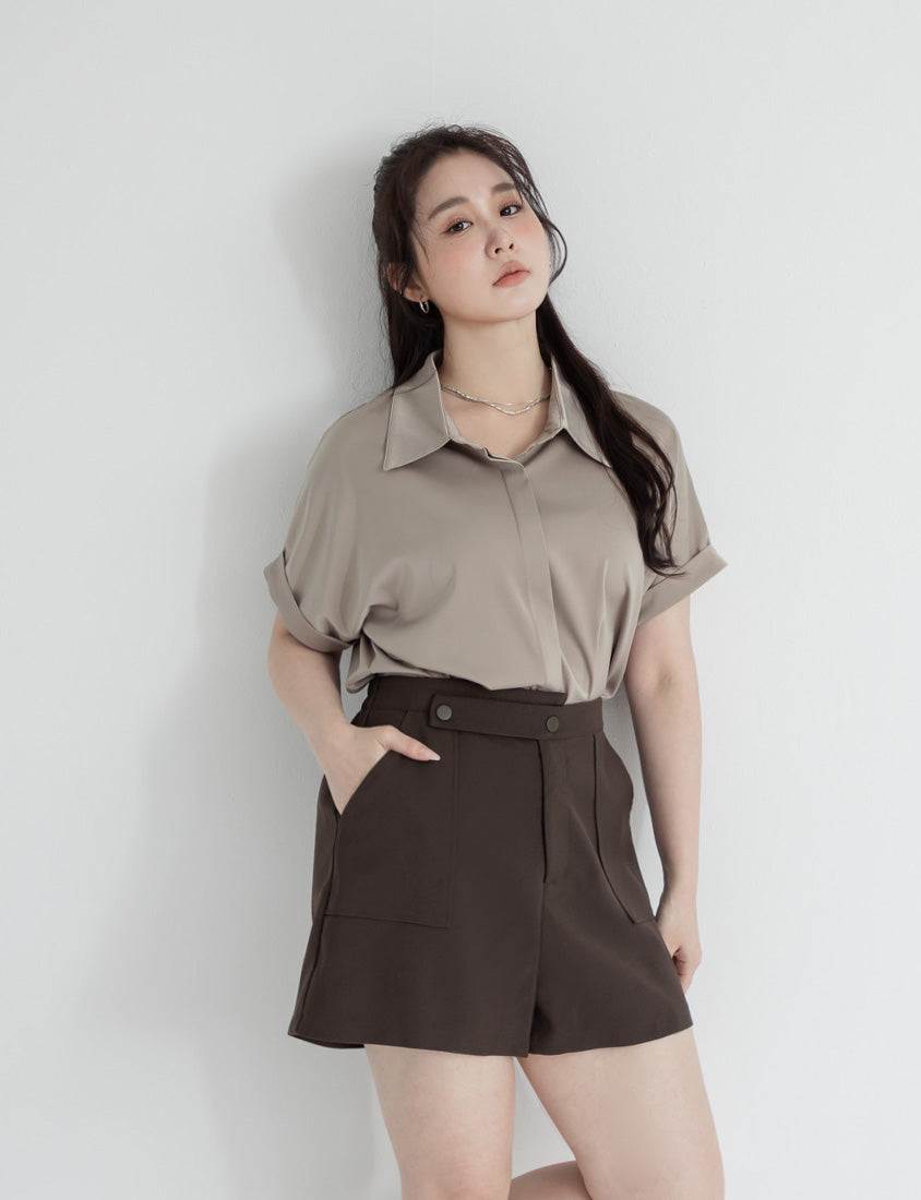 MISS. Minimal Satin Rolled Sleeve Plus Size Shirt