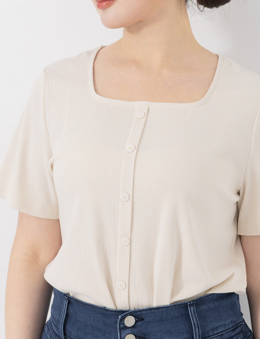 Tencel Ribbed Faux Button Square Neck Plus Size Top
