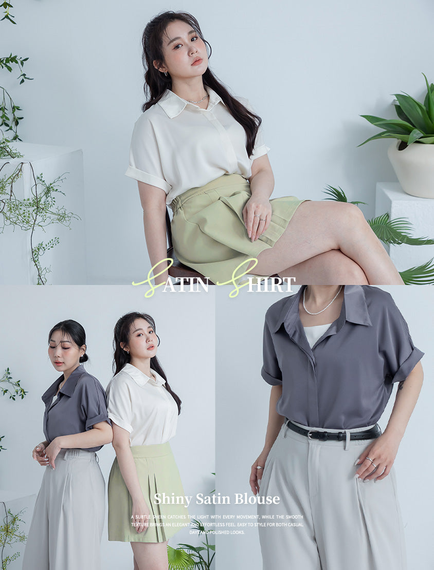 MISS. Minimal Satin Rolled Sleeve Plus Size Shirt