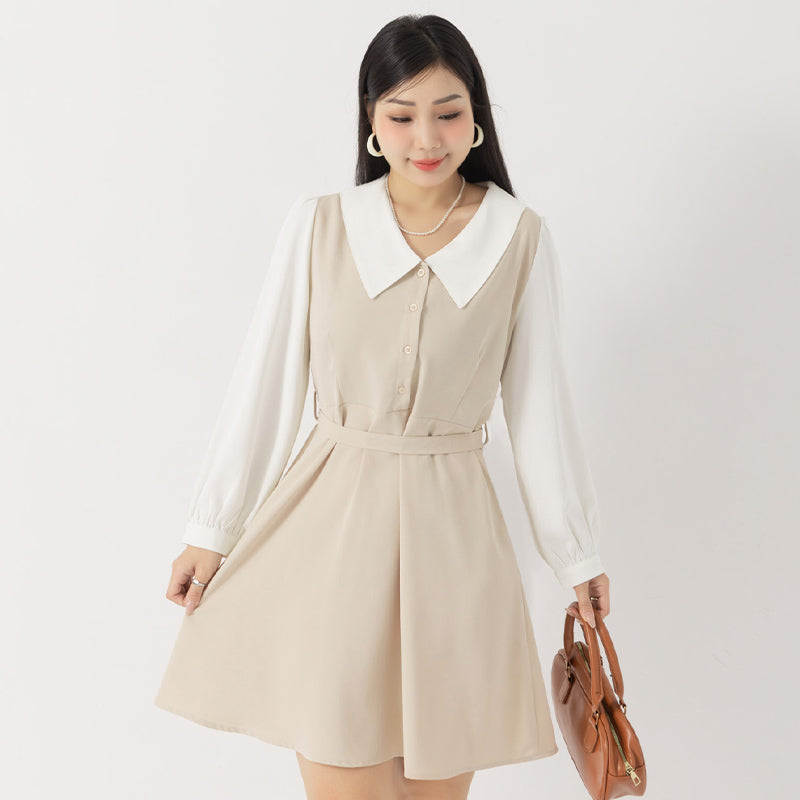 MISS. Faux Two Piece Chiffon Plus Size Long Sleeve Dress (With Waist Tie)