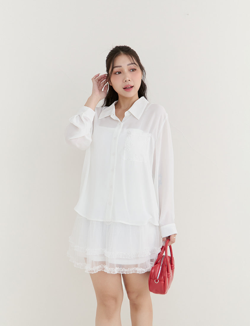 Elegant Lace Patchwork Semi-Sheer Chiffon Plus Size Shirt