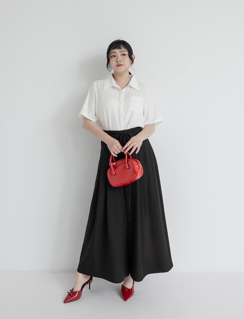 MISS. Pleated Cropped Plus Size Wide Leg Pants (With Waist Tie)