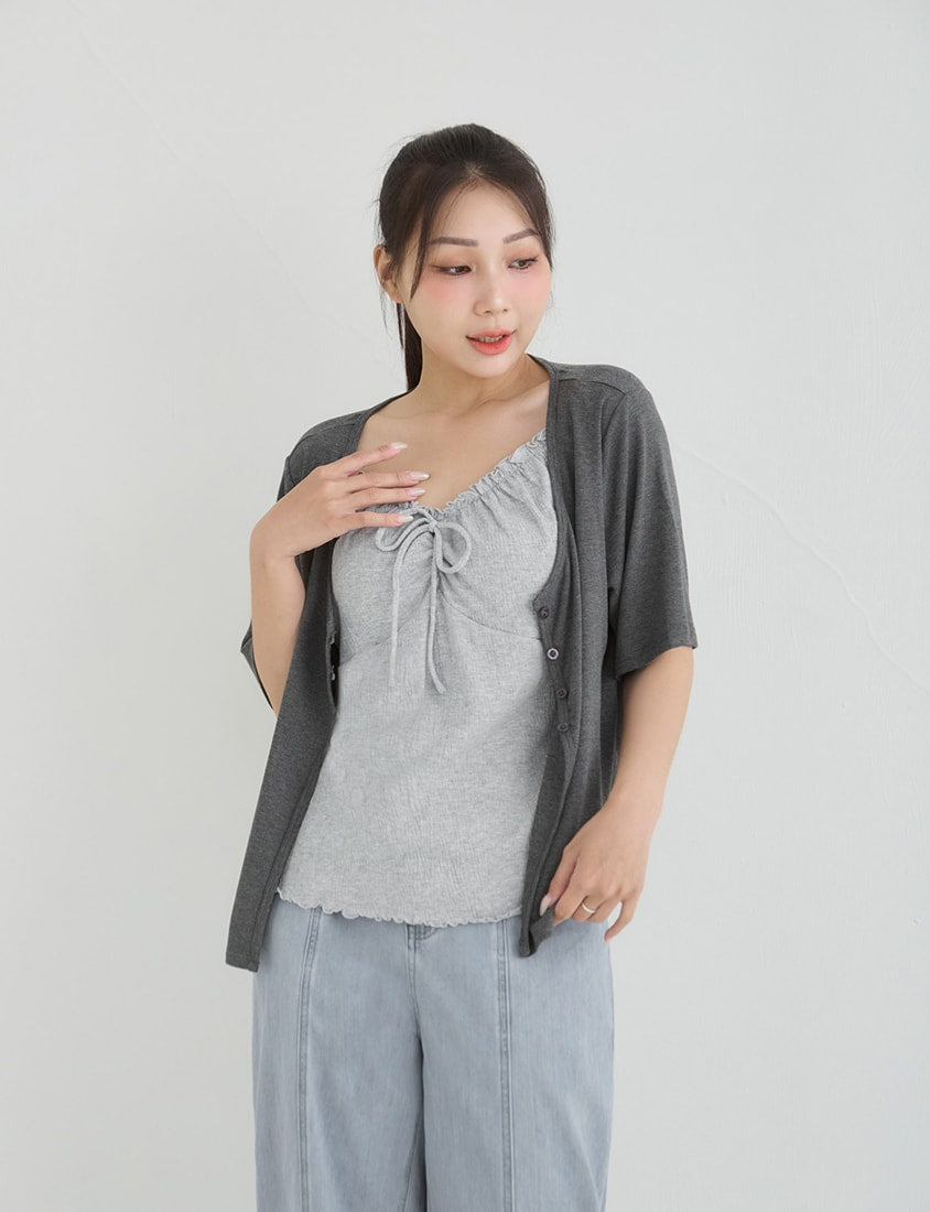 Korean Style Lace Trim Faux Two Piece Plus Size Top