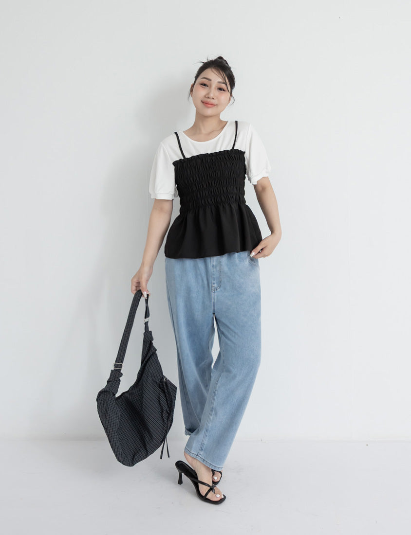 Sweet Crinkle Faux Two-Piece Short Sleeve Plus Size Top
