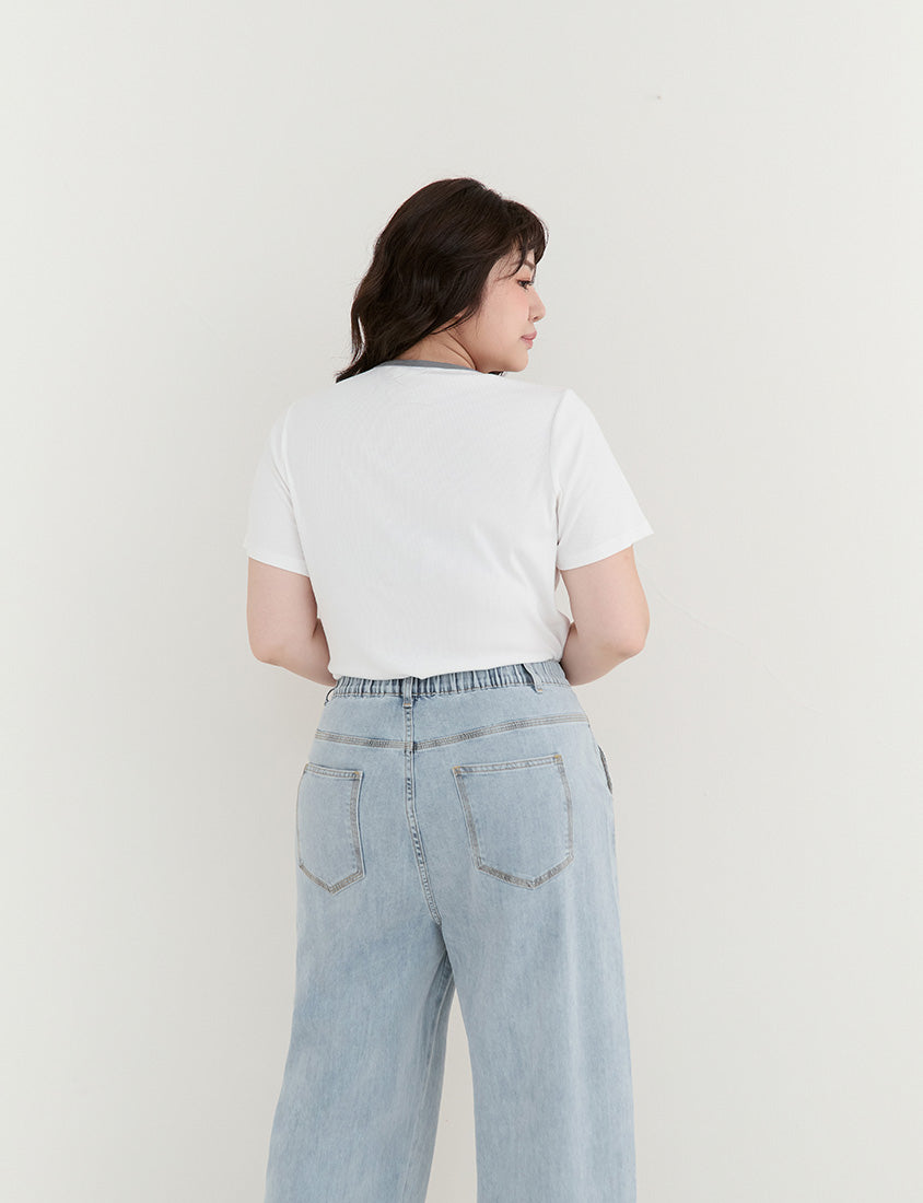 Simple V-Neck Contrast Ribbed Plus Size Tee