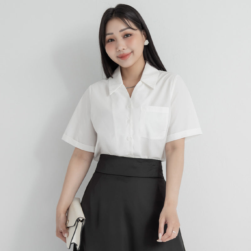 MISS. Minimal V-Neck Placket Rolled Sleeve Plus Size Shirt