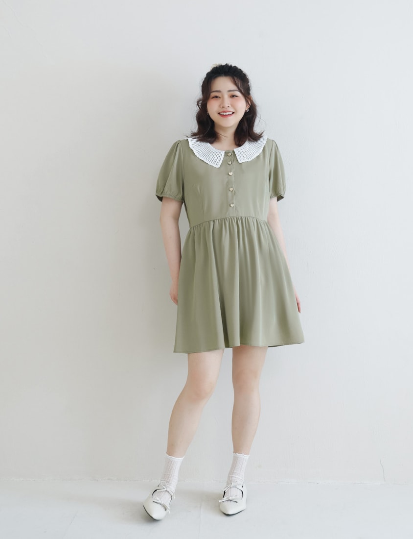 Lace Large-Collar Puff Sleeve Plus Size Mini Dress
