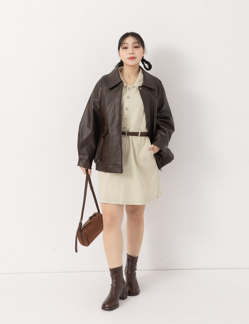 Twill Colorblock Topstitched Button-Up Plus Size Mini Dress (With Belt)
