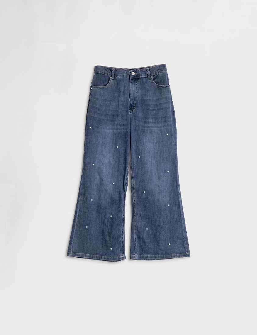 Pearl Embellished Stretch Denim Plus Size Wide Leg Pants